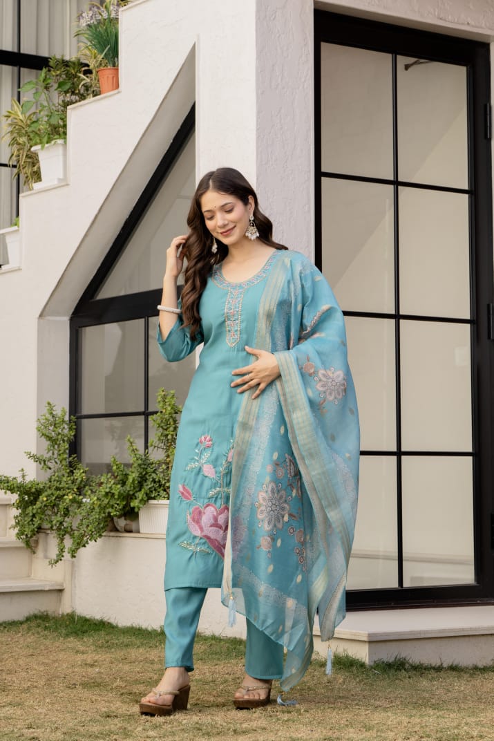 Serene Teal Blue Embroidered Kurta Set with Printed Dupatta