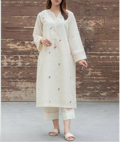 Off White Embroidered Cotton Kurta and Pant Set