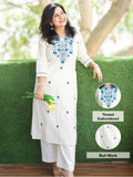 Cream White with Blue Thread Embroidery Neck Work Cotton Kurti