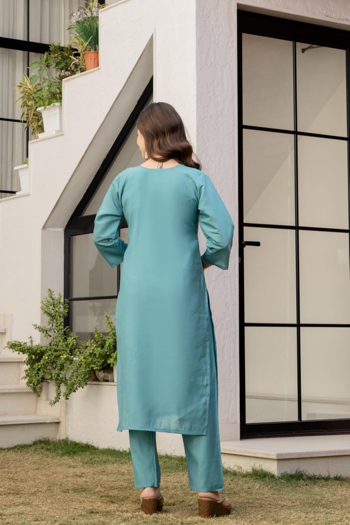 Serene Teal Blue Embroidered Kurta Set with Printed Dupatta