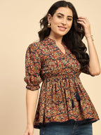 Women Ethnic Printed Mandarin Collar Cotton Top Red Blue