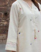 Off White Embroidered Cotton Kurta and Pant Set