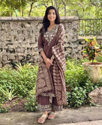 Brown Embroidered Cotton Kurta and Pant Set with Dupatta