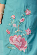 Serene Teal Blue Embroidered Kurta Set with Printed Dupatta