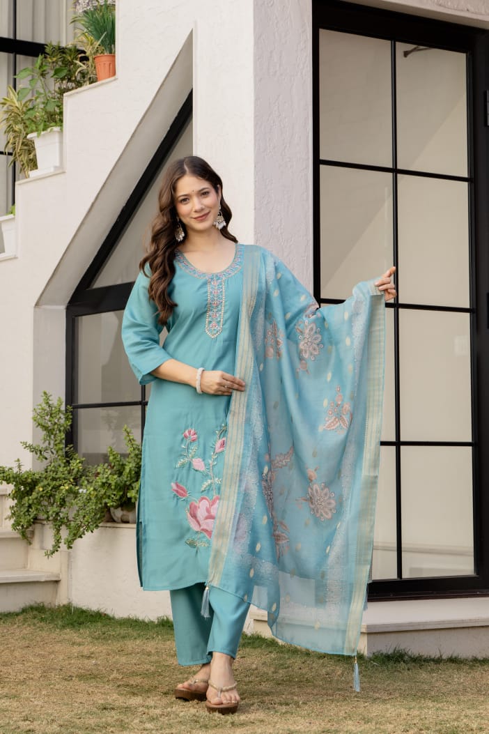 Serene Teal Blue Embroidered Kurta Set with Printed Dupatta