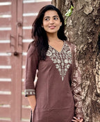 Brown Embroidered Cotton Kurta and Pant Set with Dupatta