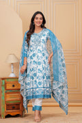 Blue  Embroidered Kurta Set with Dupatta