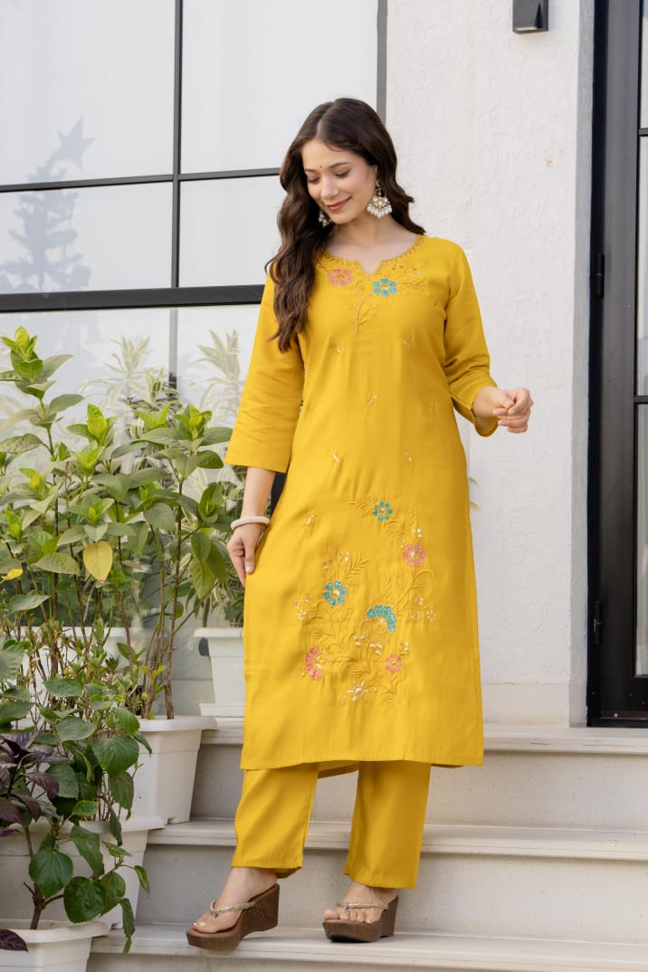 Sunlit Mustard Embroidered Kurta Set with Sequined Dupatta