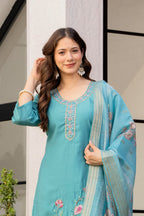 Serene Teal Blue Embroidered Kurta Set with Printed Dupatta