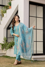Serene Teal Blue Embroidered Kurta Set with Printed Dupatta