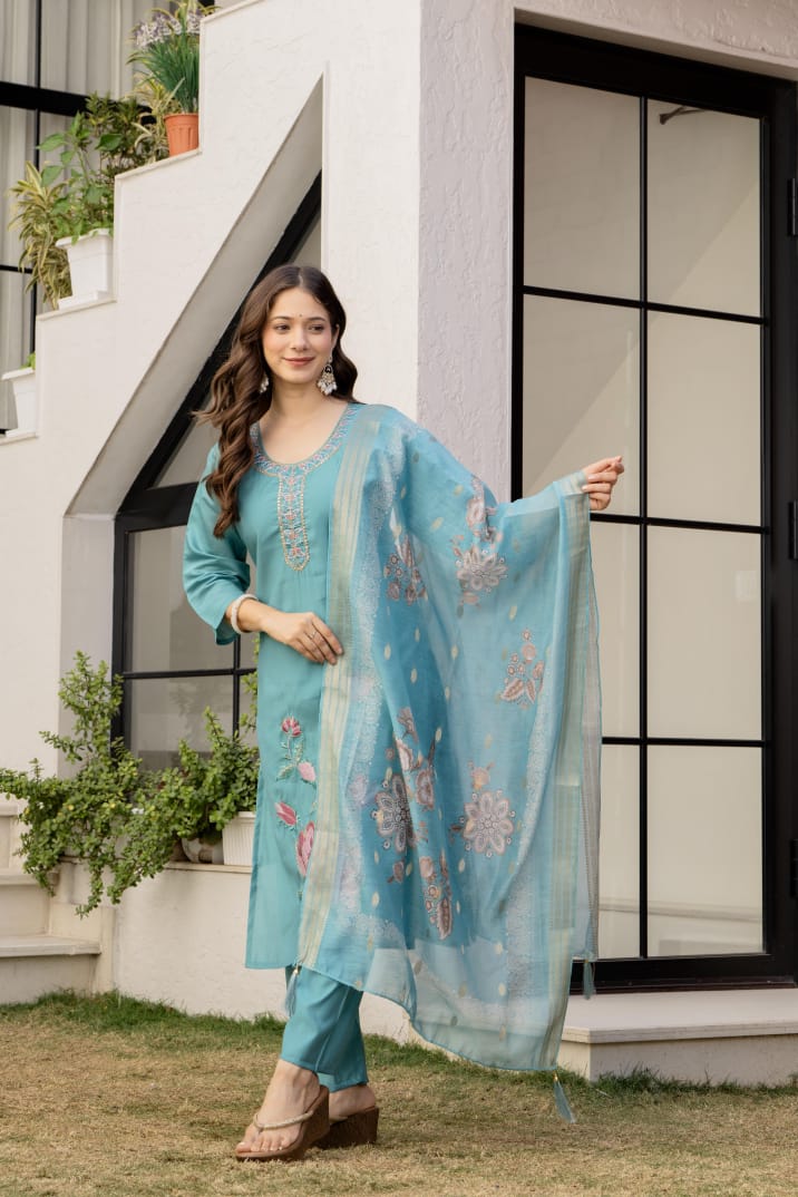 Serene Teal Blue Embroidered Kurta Set with Printed Dupatta