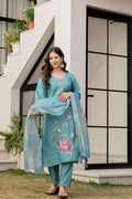Serene Teal Blue Embroidered Kurta Set with Printed Dupatta