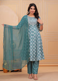 Women Rayon Kurta Pant Dupatta Set Aqua Blue