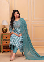 Women Rayon Kurta Pant Dupatta Set Aqua Blue