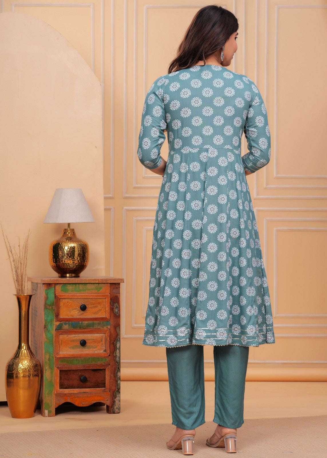 Women Rayon Kurta Pant Dupatta Set Aqua Blue
