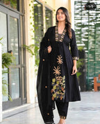 Black Nri Embroidery Cotton Kurta Pant And Dupatta Set for Women