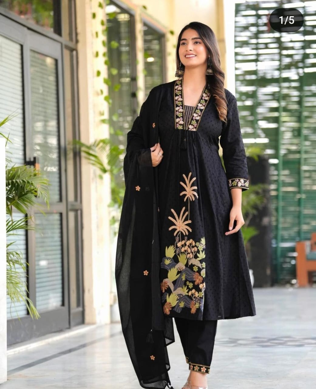 Black Nri Embroidery Cotton Kurta Pant And Dupatta Set for Women