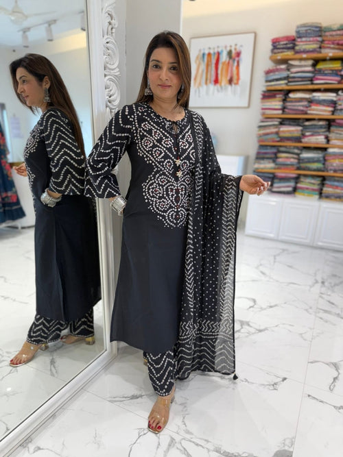 Black printed cotton kurta and plazo set