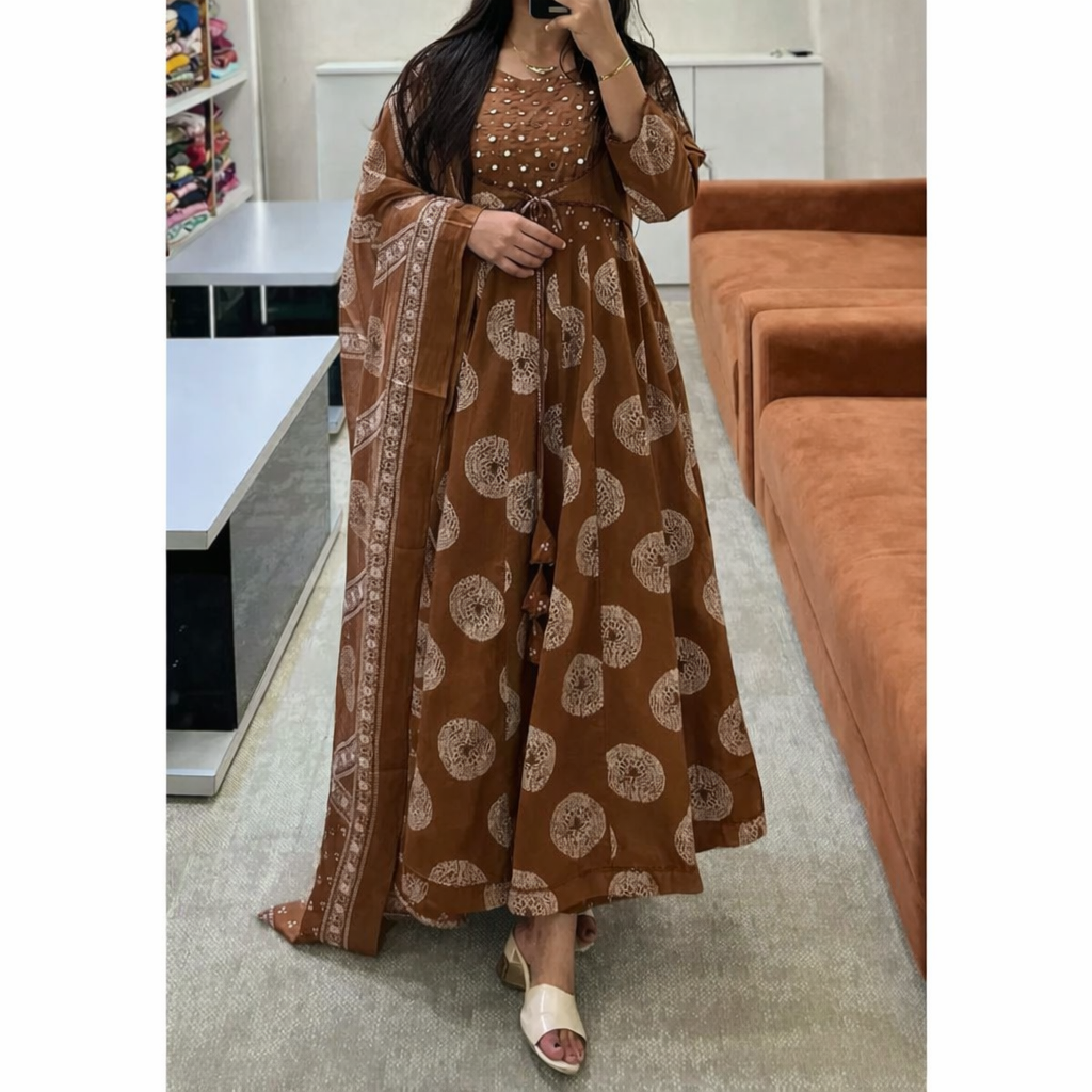 Brown Cotton Printed Anarkali with Attached Jacket Detailing with Pants and Dupatta