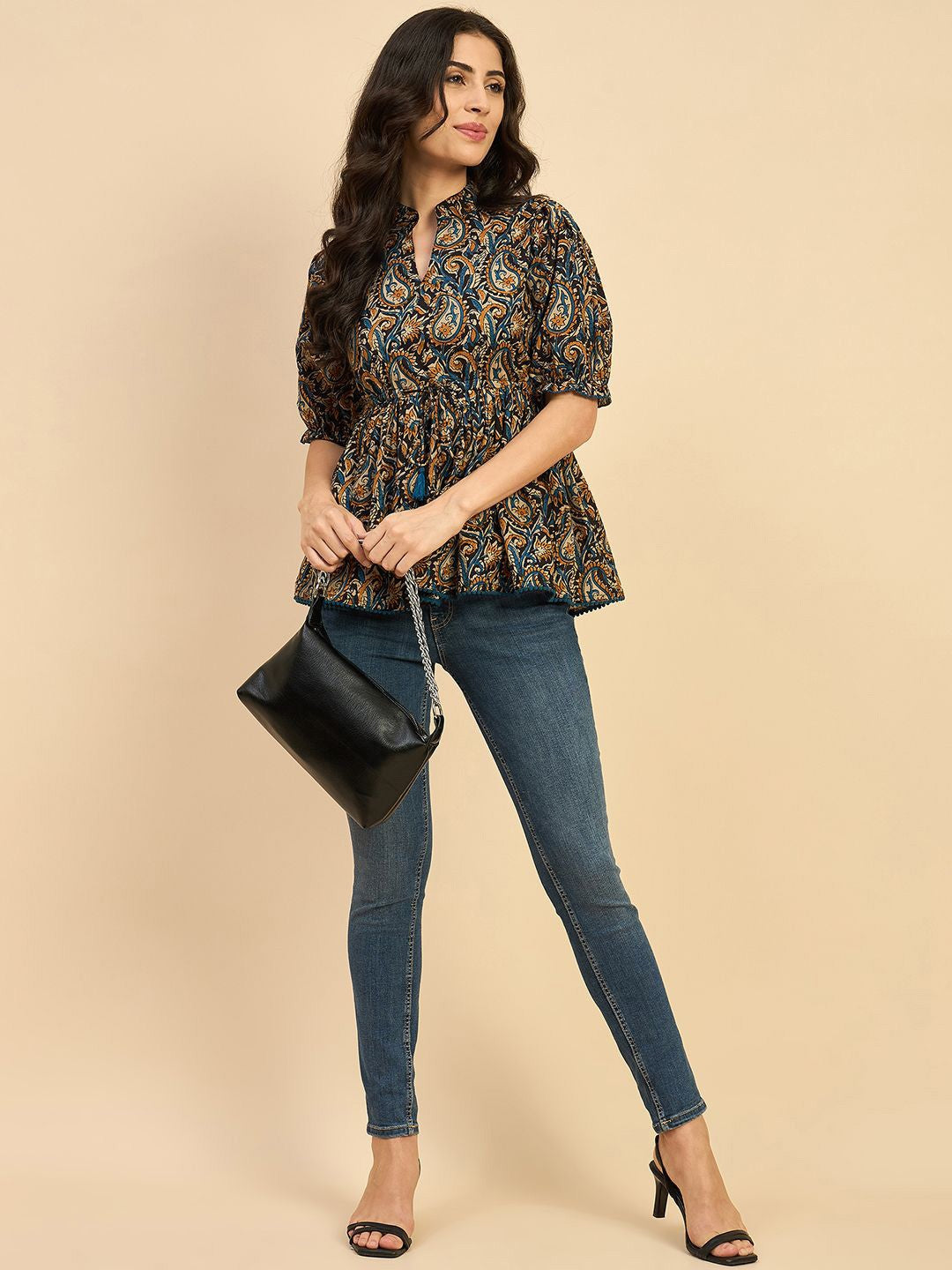 Women Ethnic Printed Mandarin Collar Cotton Top
