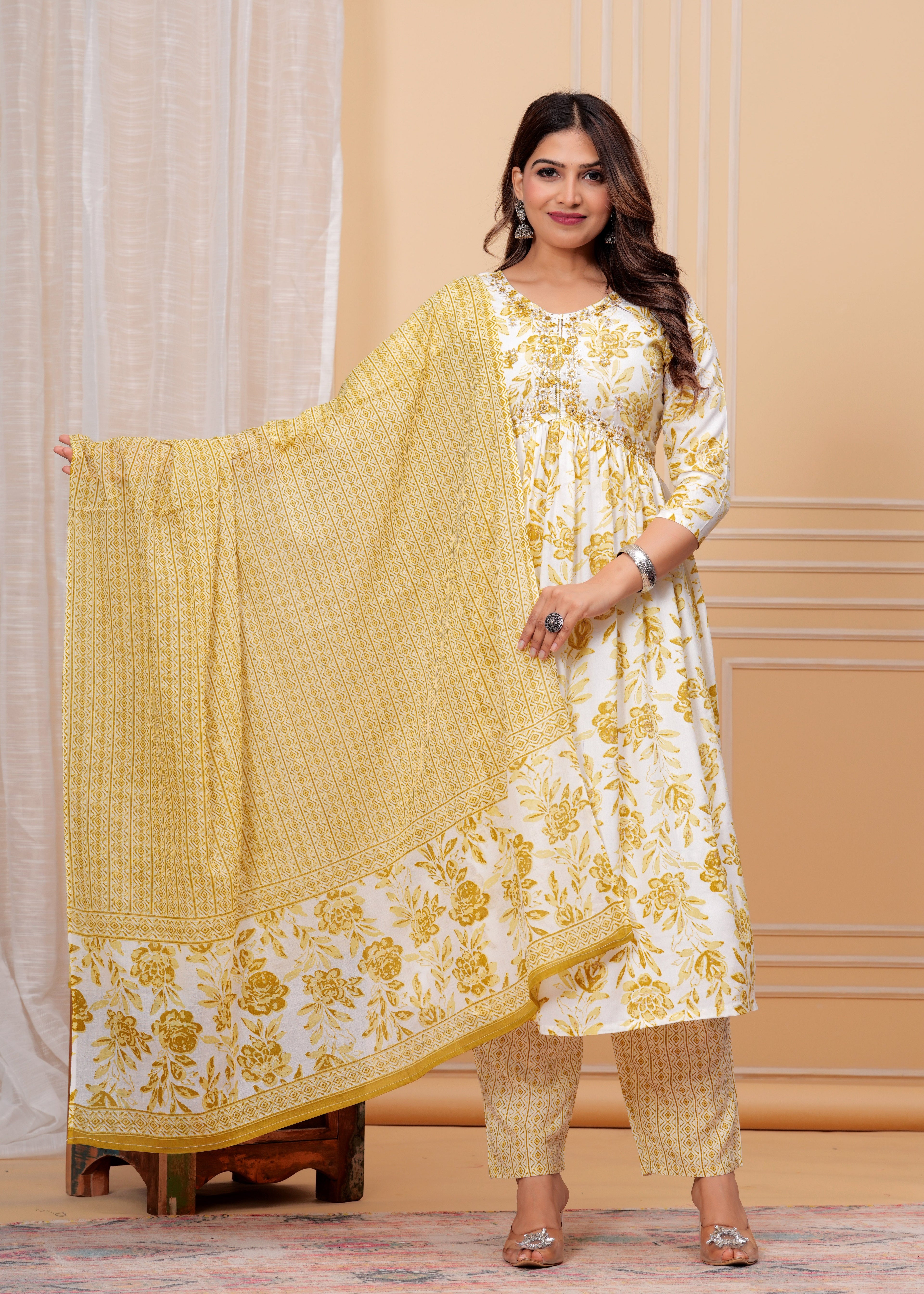 Women Viscose Rayon Kurta Pant Dupatta Set Yellow