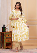 Women Viscose Rayon Kurta Pant Dupatta Set Yellow