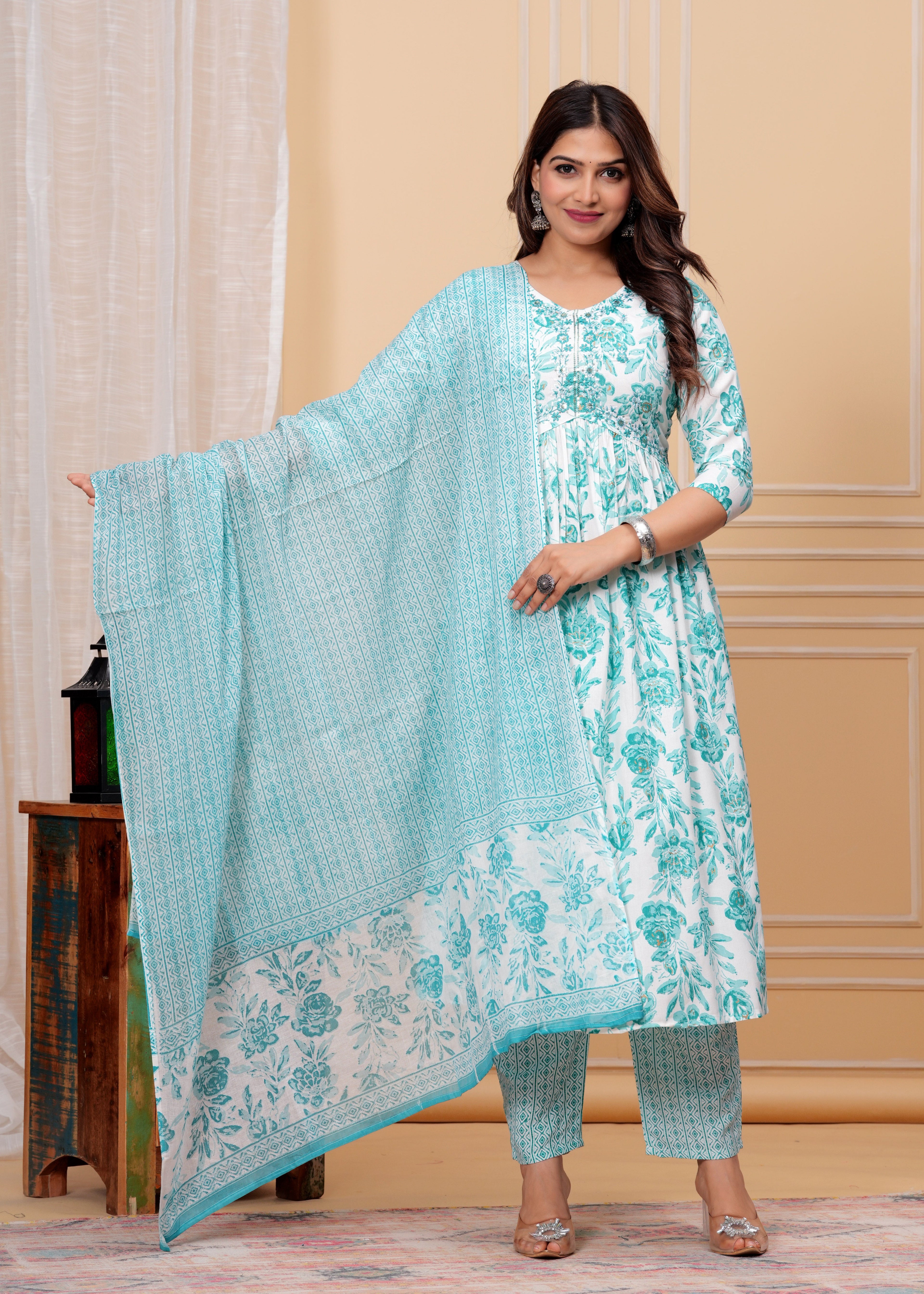 Women Rayon Kurta Pant Dupatta Set Sky Blue