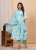 Women Rayon Kurta Pant Dupatta Set Sky Blue