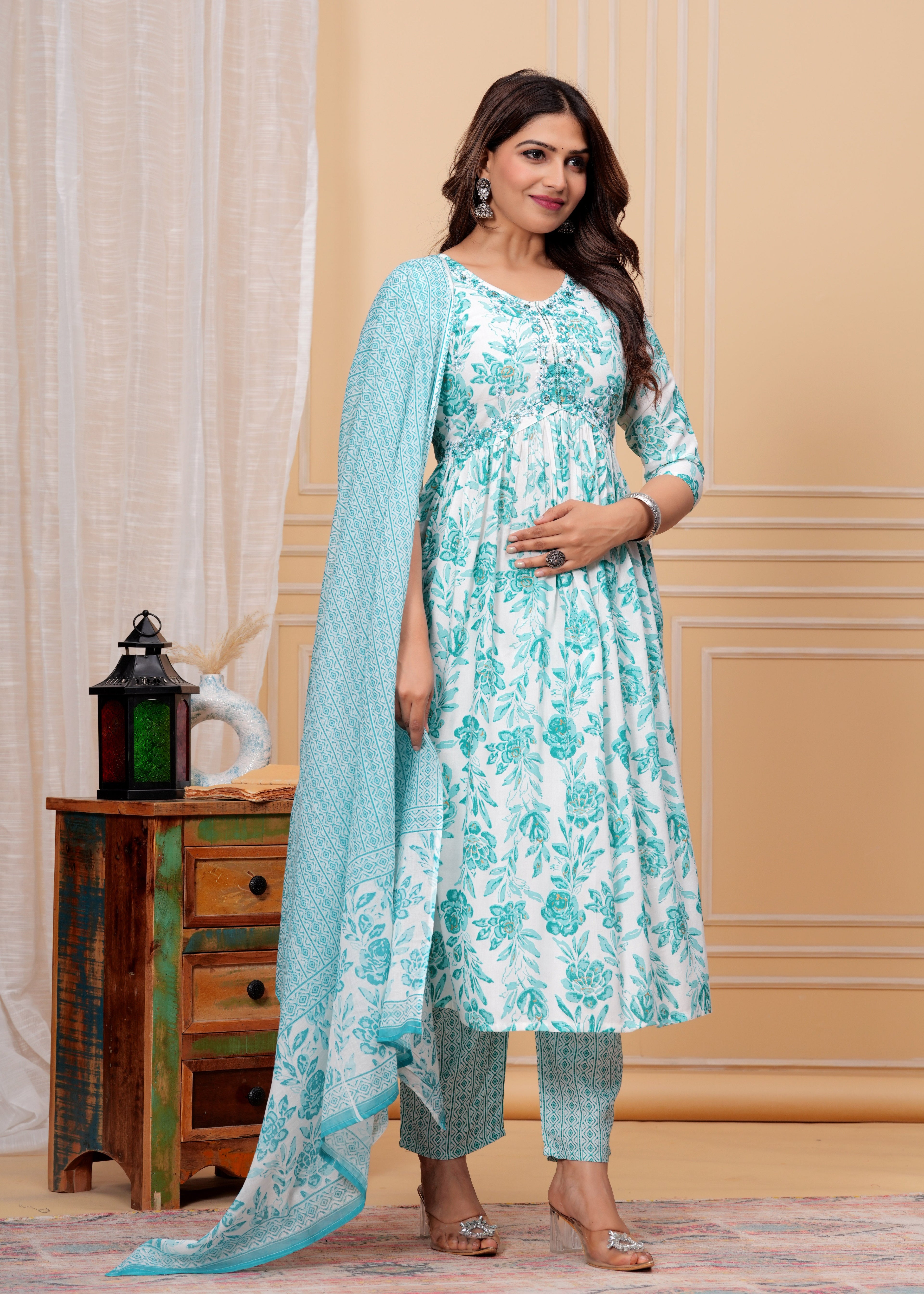 Women Rayon Kurta Pant Dupatta Set Sky Blue