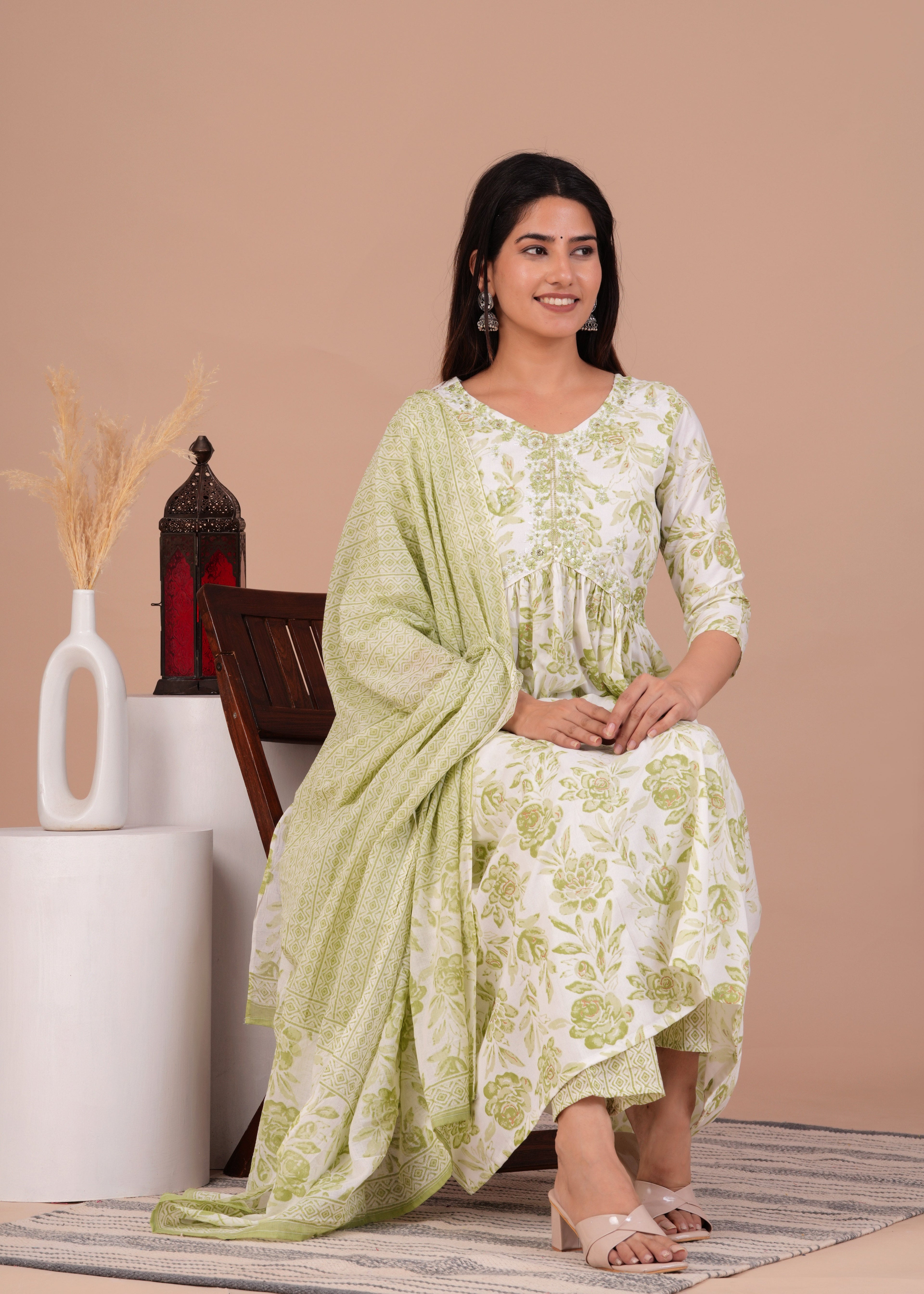 Women Rayon Kurta Pant Dupatta Set Light Green