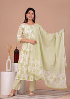 Women Rayon Kurta Pant Dupatta Set Light Green