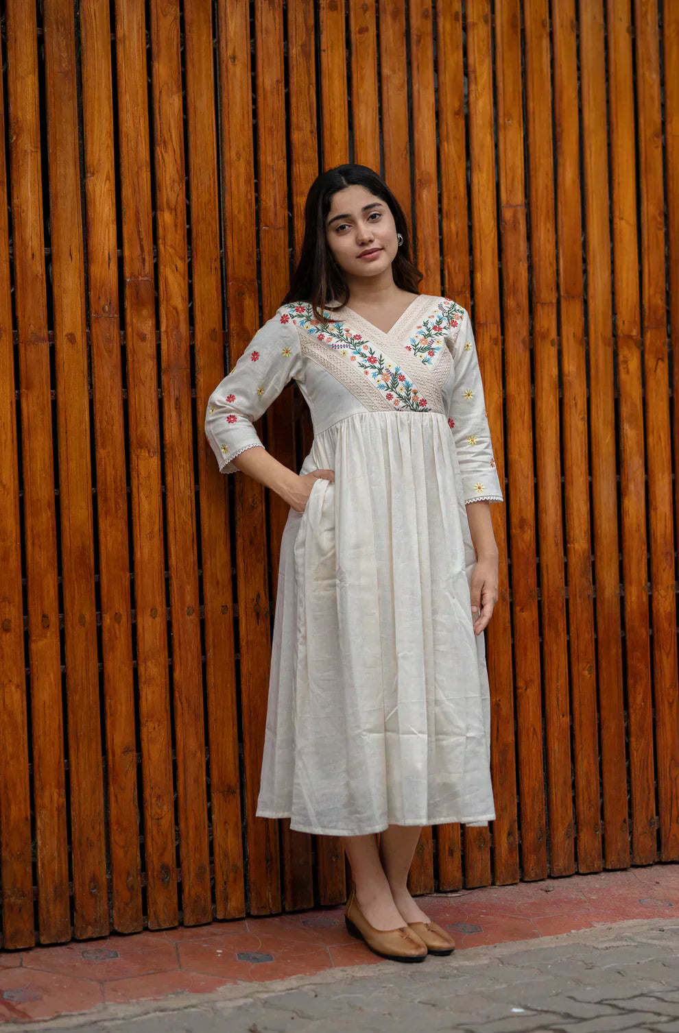 Off White Cotton Kurti/ Dress With Floral Embroidery And Crochet Lace Detailings