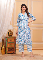 Women Rayon Kurta Pant Dupatta Set Flower Blue