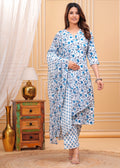 Women Rayon Kurta Pant Dupatta Set Flower Blue