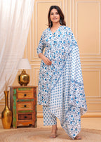Women Rayon Kurta Pant Dupatta Set Flower Blue