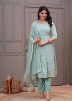 Women Rayon Kurta Pant Dupatta Set Light Green