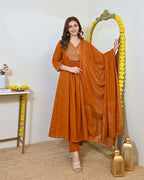 Rust Paisley Handwork A Line Mul Cotton Suit