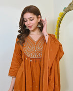 Rust Paisley Handwork A Line Mul Cotton Suit