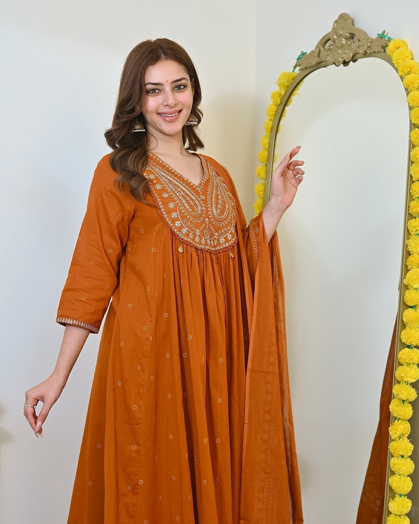 Rust Paisley Handwork A Line Mul Cotton Suit