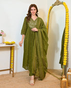 Green Paisley Handwork A Line Mul Cotton Suit