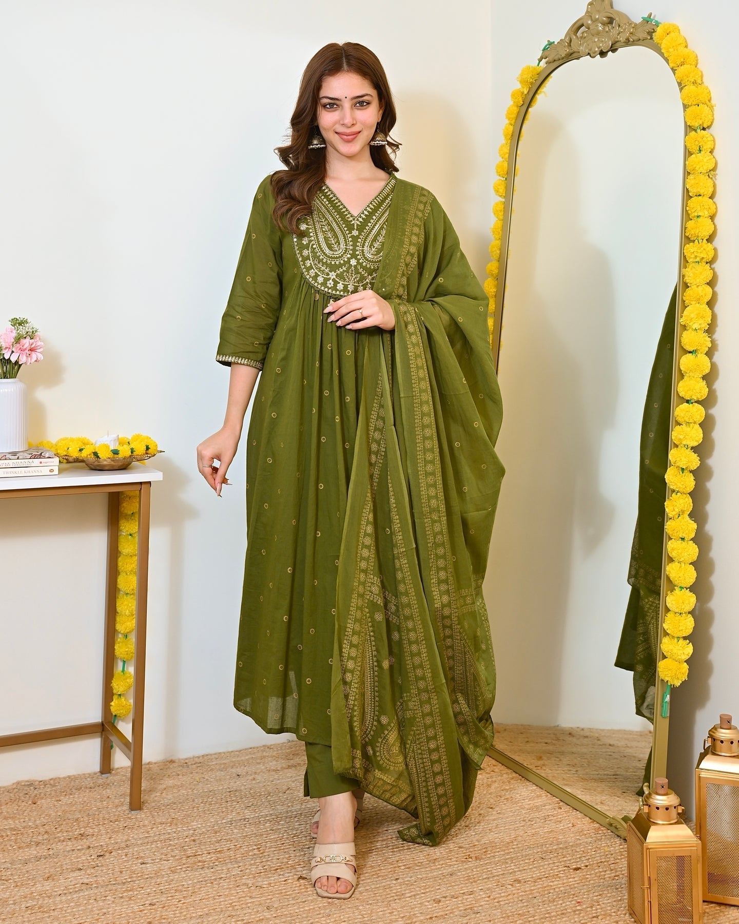 Green Paisley Handwork A Line Mul Cotton Suit