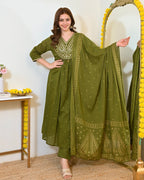 Green Paisley Handwork A Line Mul Cotton Suit