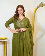 Green Paisley Handwork A Line Mul Cotton Suit