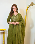 Green Paisley Handwork A Line Mul Cotton Suit
