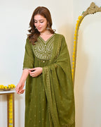 Green Paisley Handwork A Line Mul Cotton Suit