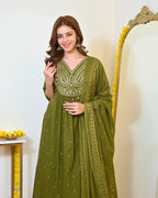 Green Paisley Handwork A Line Mul Cotton Suit
