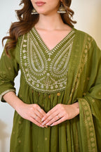 Green Paisley Handwork A Line Mul Cotton Suit