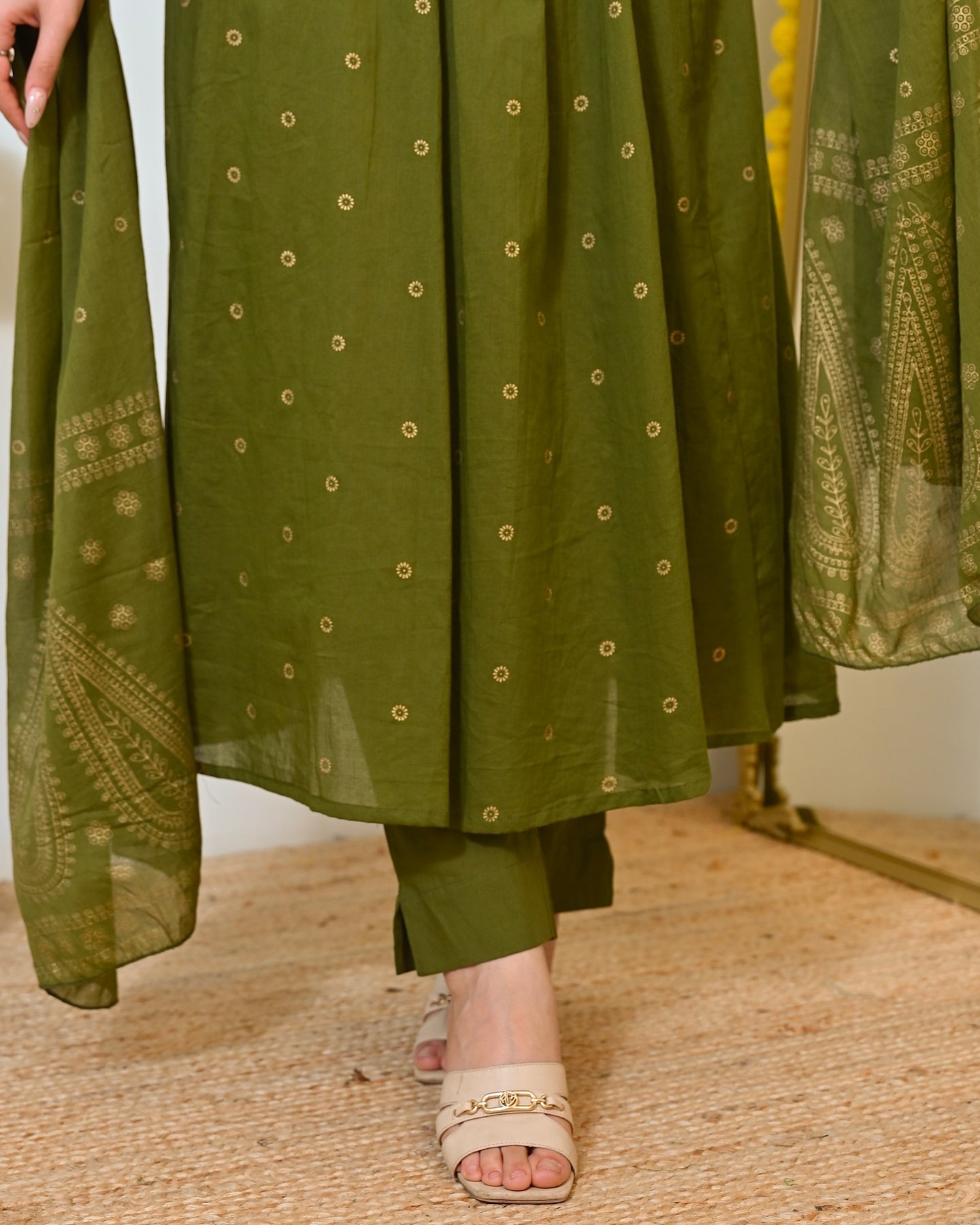 Green Paisley Handwork A Line Mul Cotton Suit