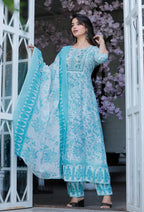 Women Rayon Kurta Pant Dupatta Set Multi Blue