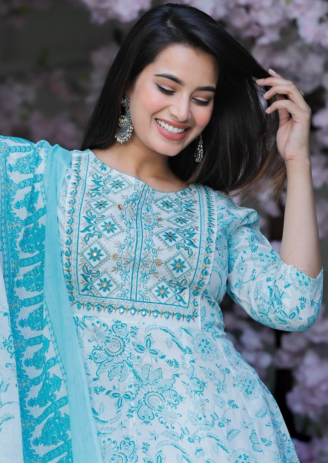 Women Rayon Kurta Pant Dupatta Set Multi Blue